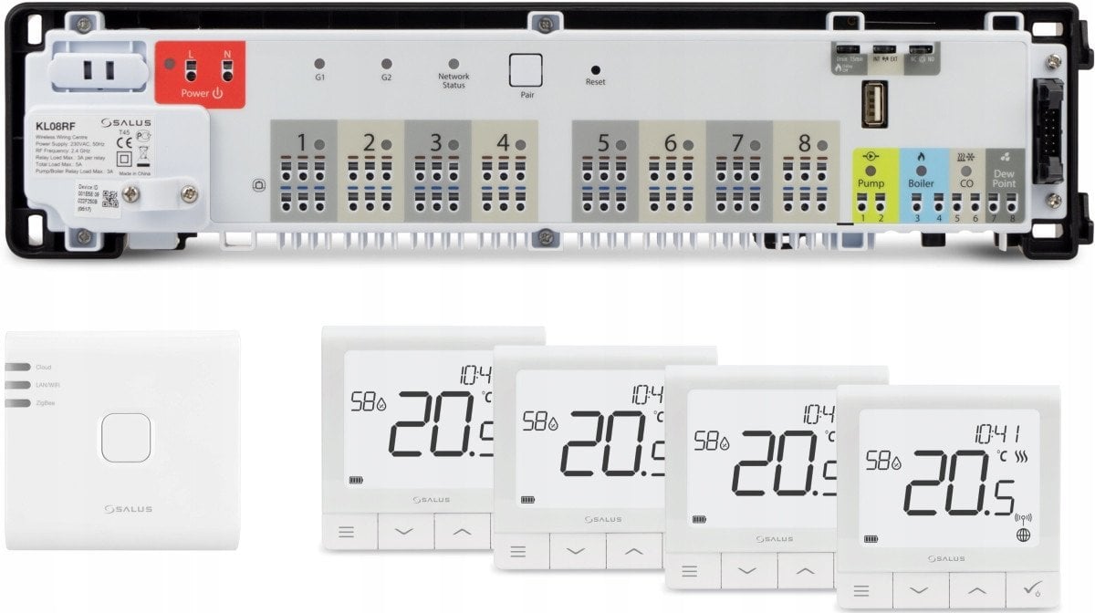 SALUS StartPack Premium RF - zestaw bezprzewodowego sterowania ogrzewaniem podłogowym z zarządzaniem przez Internet: KL08RF230V, UG800, 4 x SQ610RF