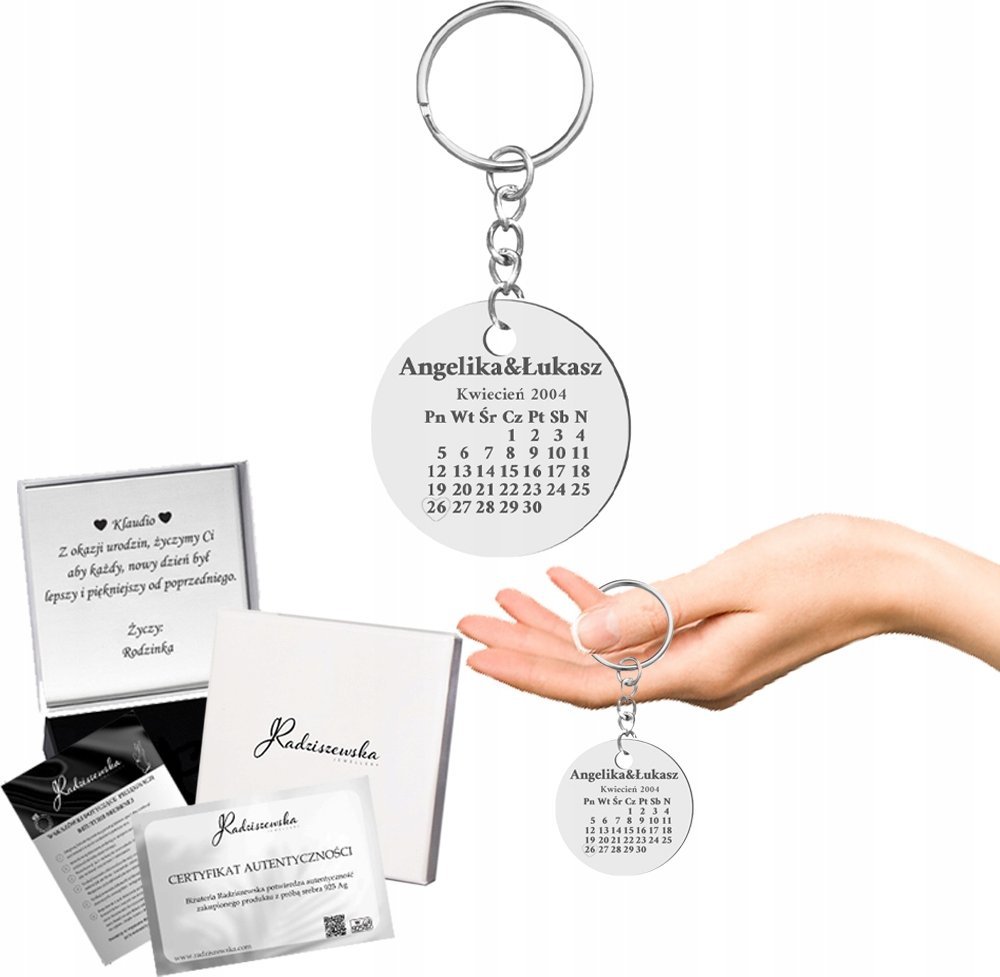 Radziszewska Jewellery Personalizowany Brelok do Kluczy Kalendarz z Datą Dzień Mamy GRAWER