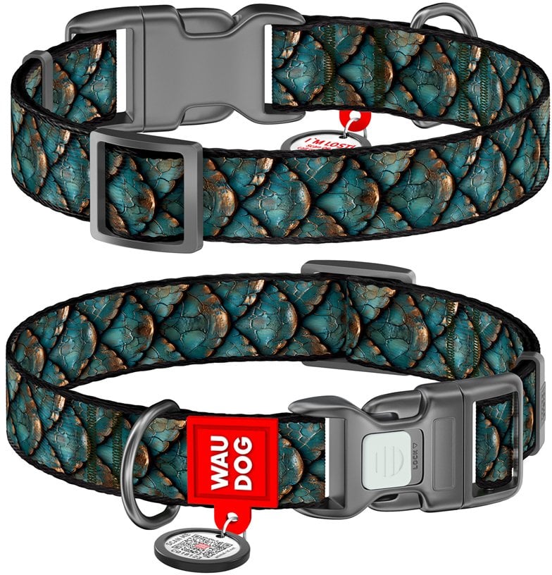 WAU DOG OBROŻA NYLON Z ADRESÓWKĄ QR L 25mm/33-49cm ŁUSKI