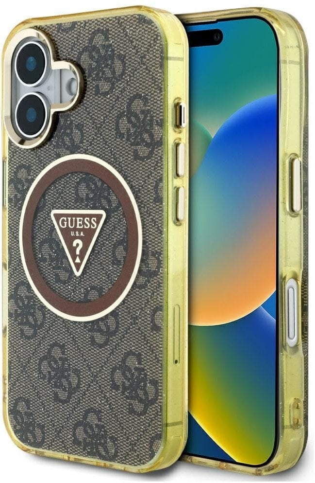 Case Guess IML Metal Glitter 4G Circle Triangle MagSafe for iPhone 16 brown