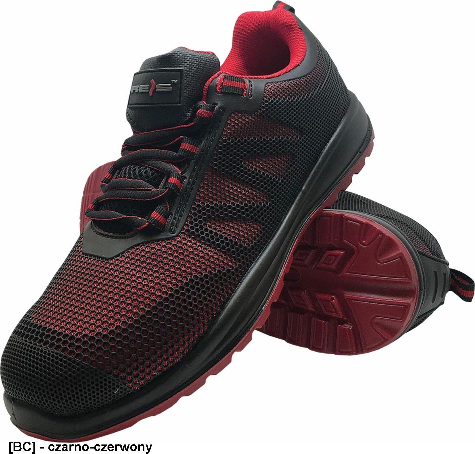 R.E.I.S. BRCUBE S1P SRC - obuwie bezpieczne CUBE, stalowy podnosek, wykonane z PU, siateczka, - czarno-czerwony 47