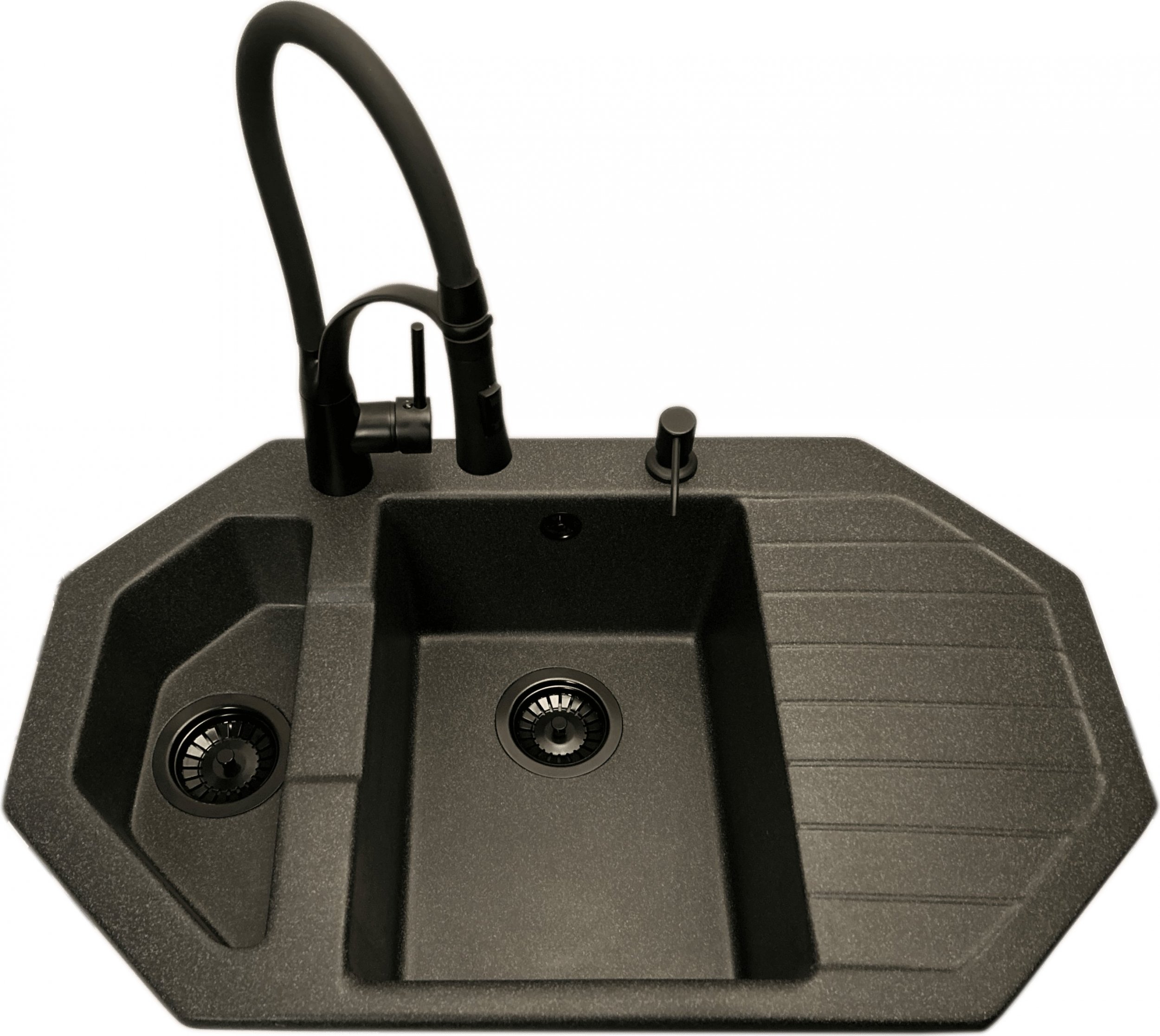 Zlewozmywak PREHNIT Zlewozmywak narożny ANTILA grafit + bateria NEXO + dozownik