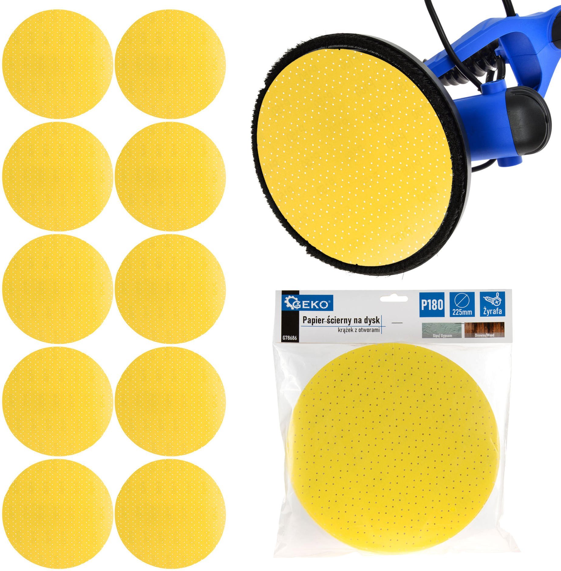 Papier ścierny na dysk – krążek z otworami 225mm P180 /żyrafa/ (10/100/500)
