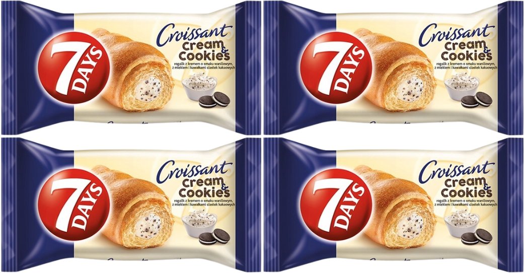 7 Days Cream & Cookies Rogalik z kremem o smaku waniliowym z mlekiem i kawałkami ciastek 60 g x 4 sztuk