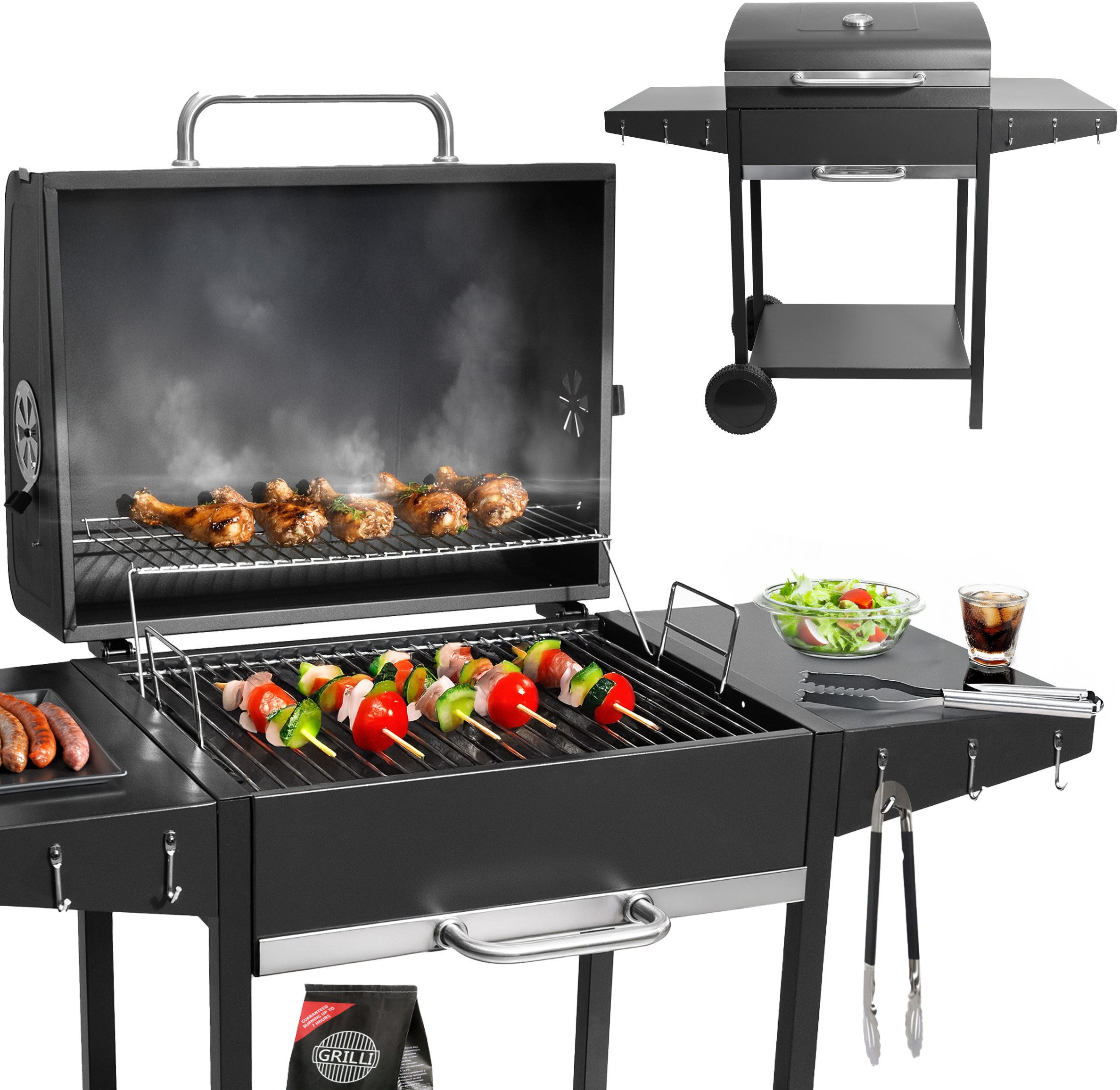 Duży grill węglowy ogrodowy ruszt z pokrywą szuflada na popiół termometr