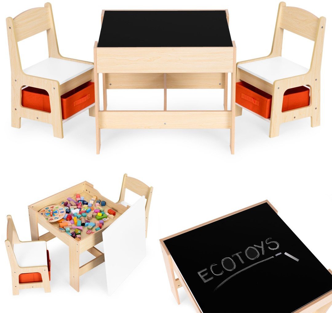 Zestaw mebli dla dzieci stolik + 2 krzesła tablica kredowa ECOTOYS