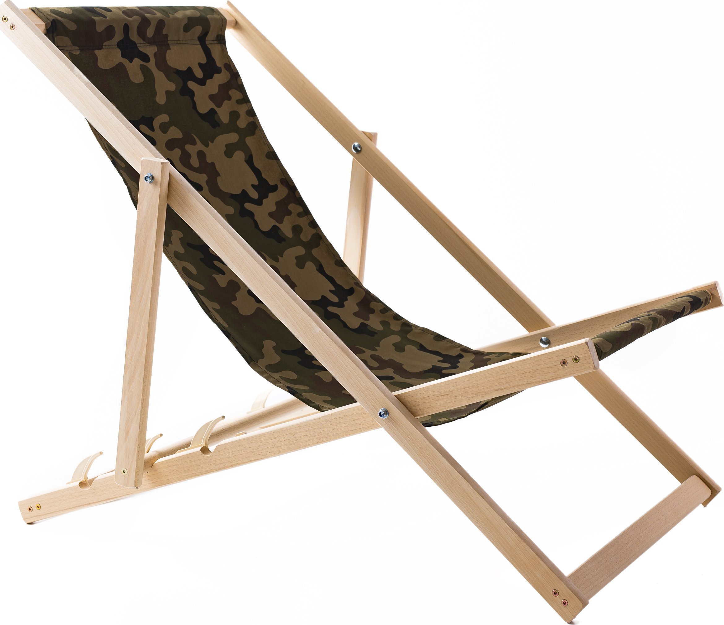 LEŻAK PLAŻOWY OGRODOWY DREWNIANY SKŁADANY WOODOK moro tkanina