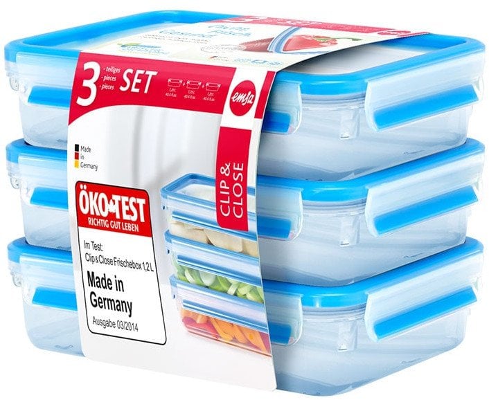 Emsa CLIP & CLOSE food storage containers 1.2 liters (transparent/blue, rectangular, 3 pieces)