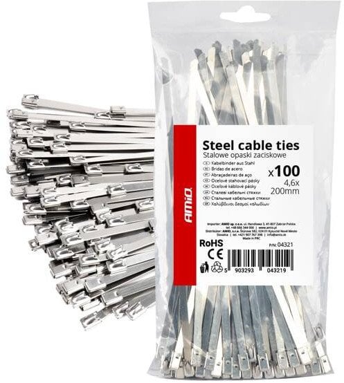 Opaski zaciskowe metalowe ze stali nierdzewnej 4.6x200mm 100 szt. amio-04321