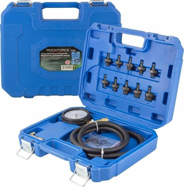 Rockforce Tester ciśnienia oleju w komplecie z gwintowanymi adapterami przejściówkami (0-10bar) 12el. w walizce