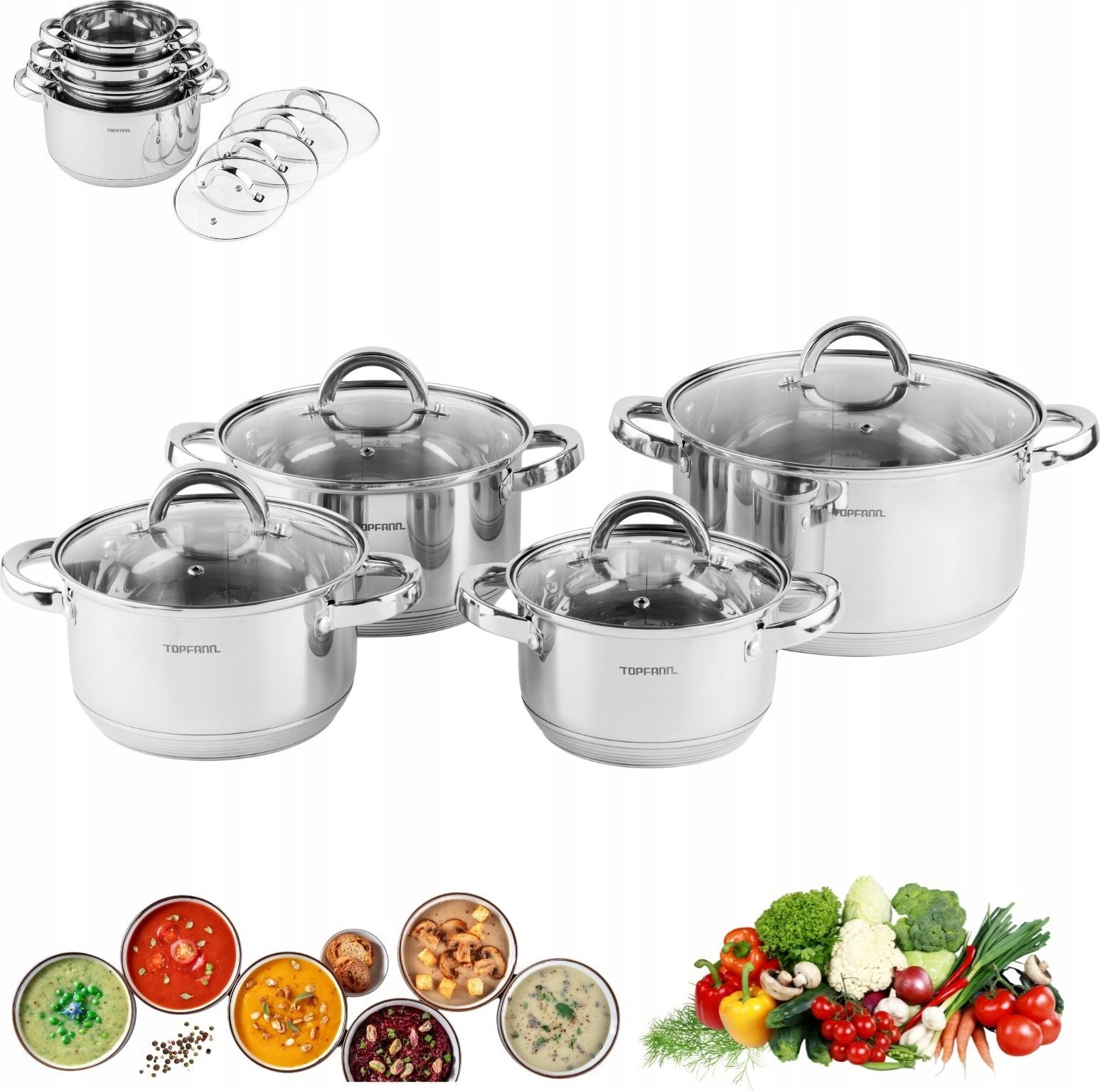Topfann ZESTAW GARNKÓW 8 EL STAL NIERDZEWNA KOMPLET GARNKI TOPFANN GAZ INDUKCJA