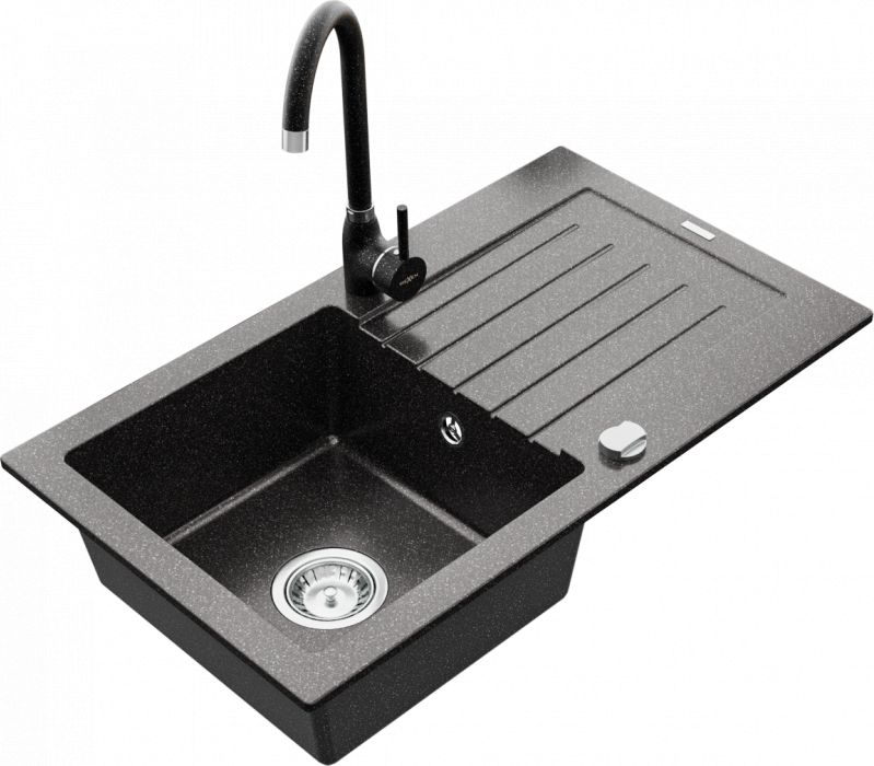 Zlewozmywak Mexen Pablo granitowy 1-komorowy z ociekaczem i baterią kuchenną Telma, czarny nakrapiany - 6510-76-670200-76