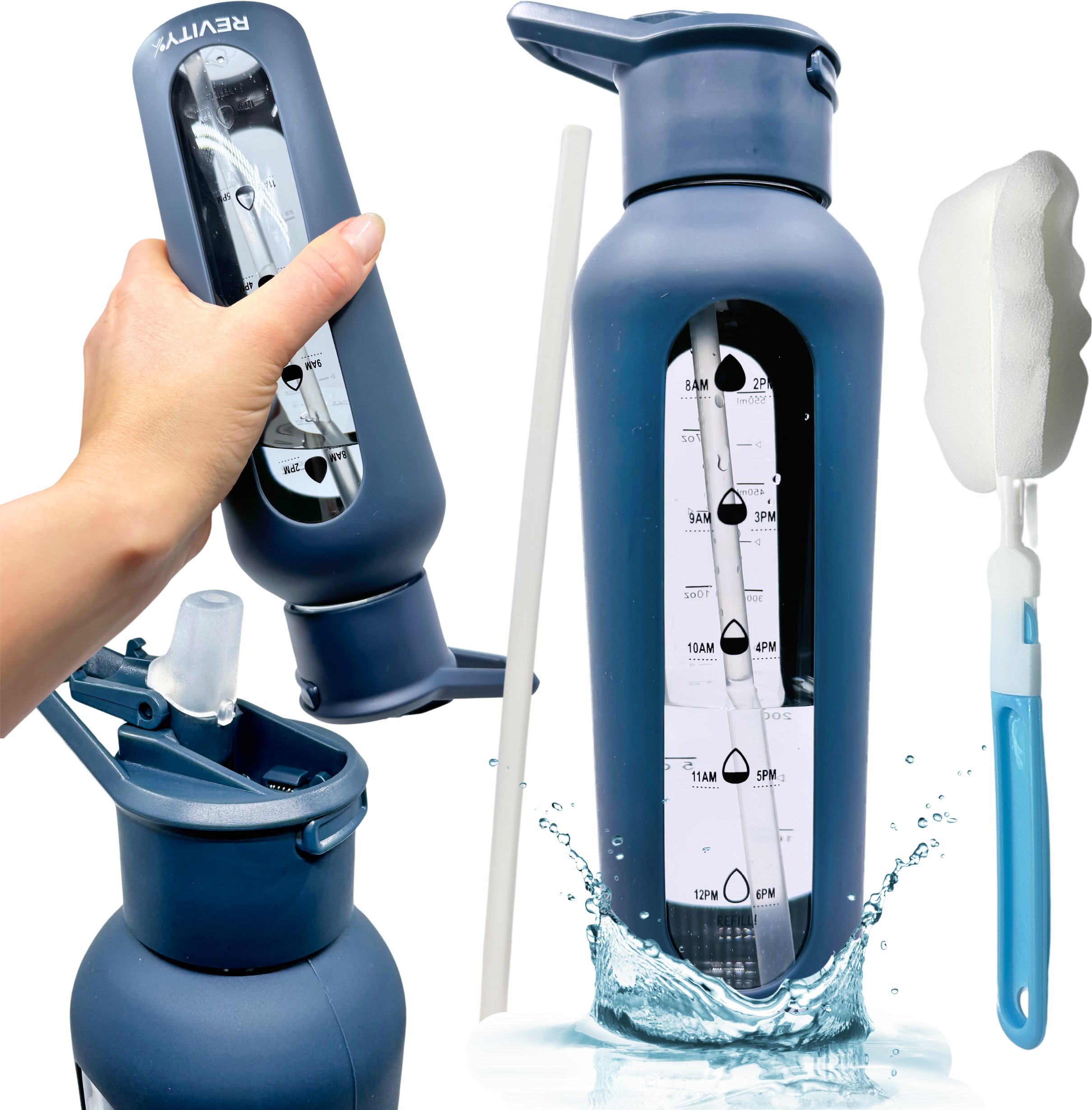 Szklana butelka na wodę Revity bidon z dziubkiem i miarką w silikonowym etui