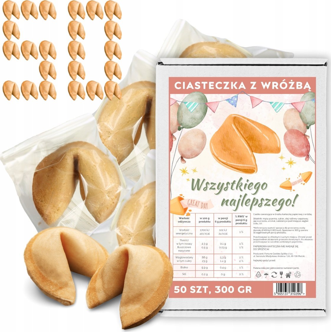 MagiaCiast Ciasteczka z Wróżbą Wszystkiego Najlepszego Chińskie Ciasteczka 50 szt