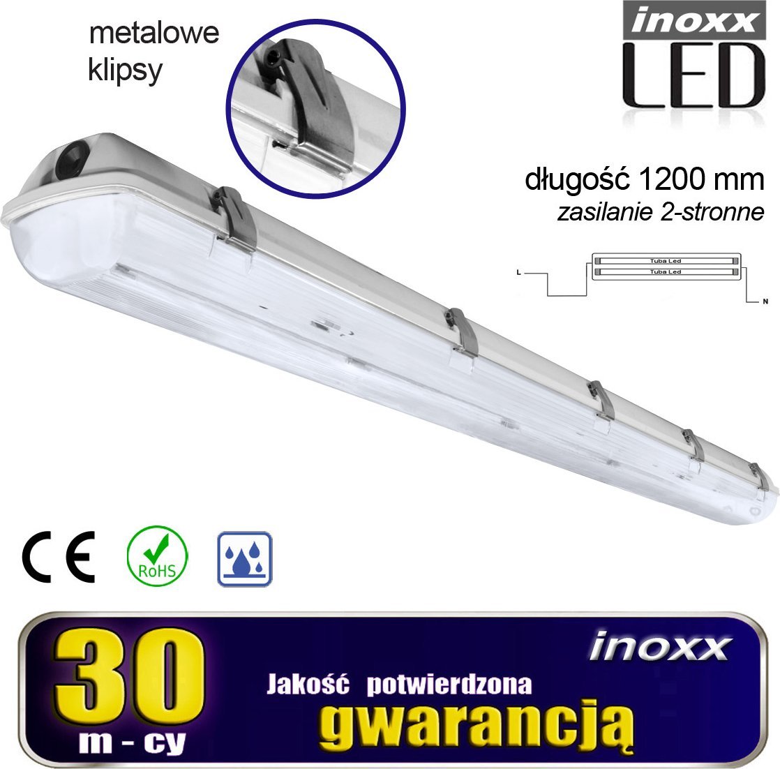 Nvox Oprawa hermetyczna przemysłowa ip65 led 2x120cm t8 g13 dwustronnie zasilana