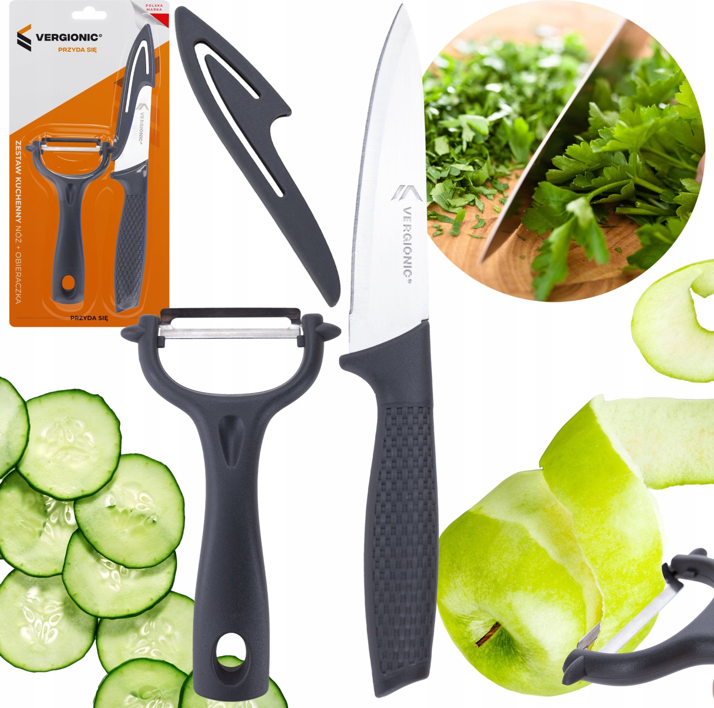 VERGIONIC ZESTAW KUCHENNY NÓŻ UNIWERSALNY DO KROJENIA OWOCÓW WARZYW OBIERACZKA SKÓRKI