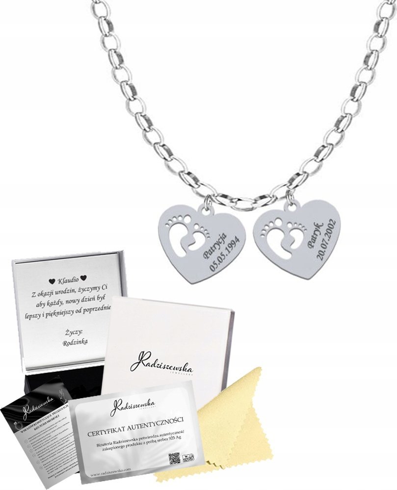 Radziszewska Jewellery Naszyjnik Srebrny SERCE STÓPKI z Grawerem Łańcuszek dla Mamy ŻYCZENIA