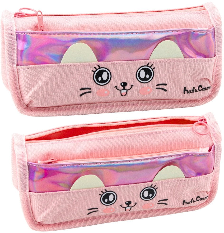 Piórnik Szkolny Z Kotem Dwie Kieszenie Różowy 21,5cm LEAN