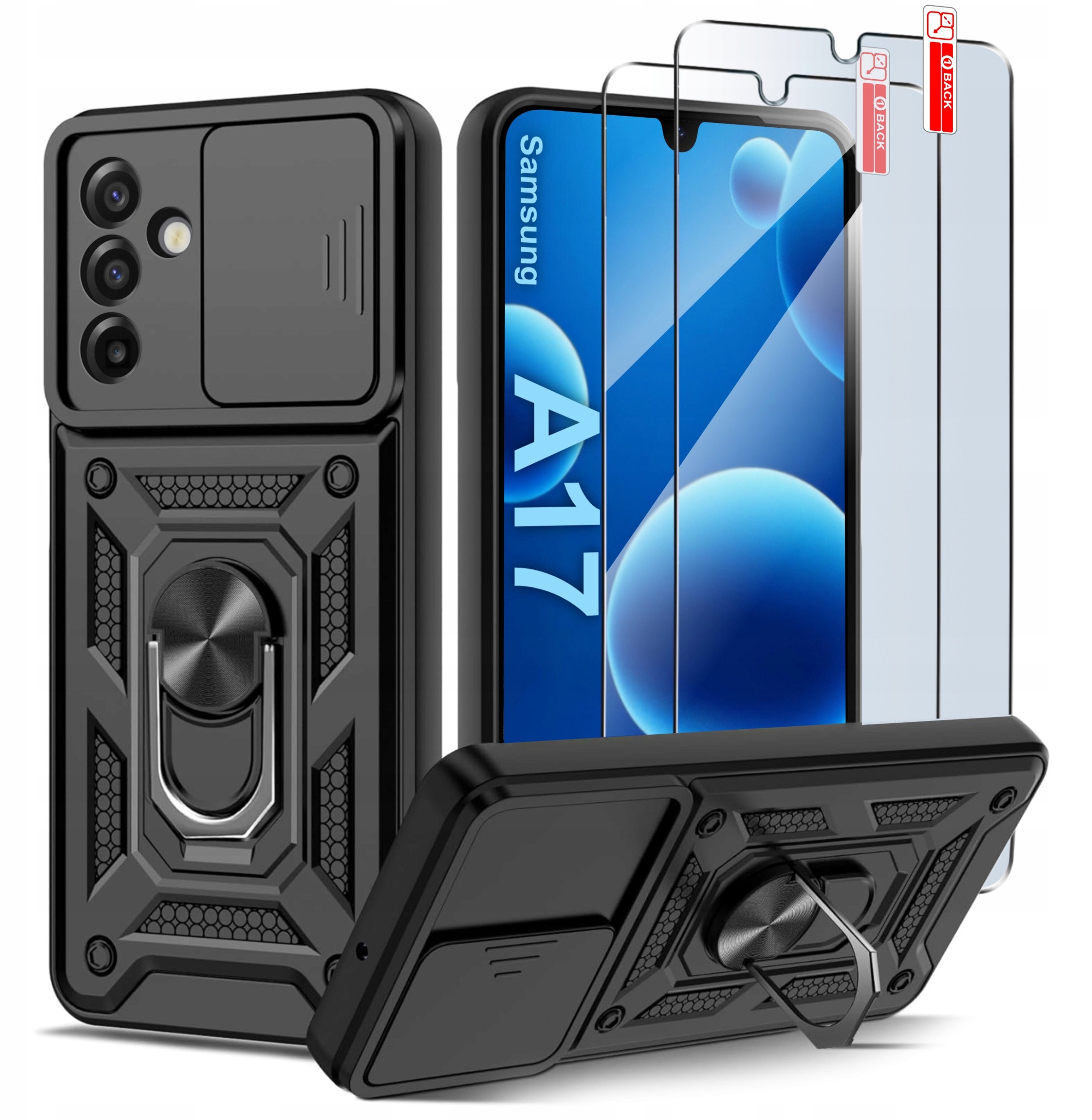 Etui Pancerne CZARNE SLIDE do Samsung A17 5G WZMACNIANE + 2x Szkło 9H