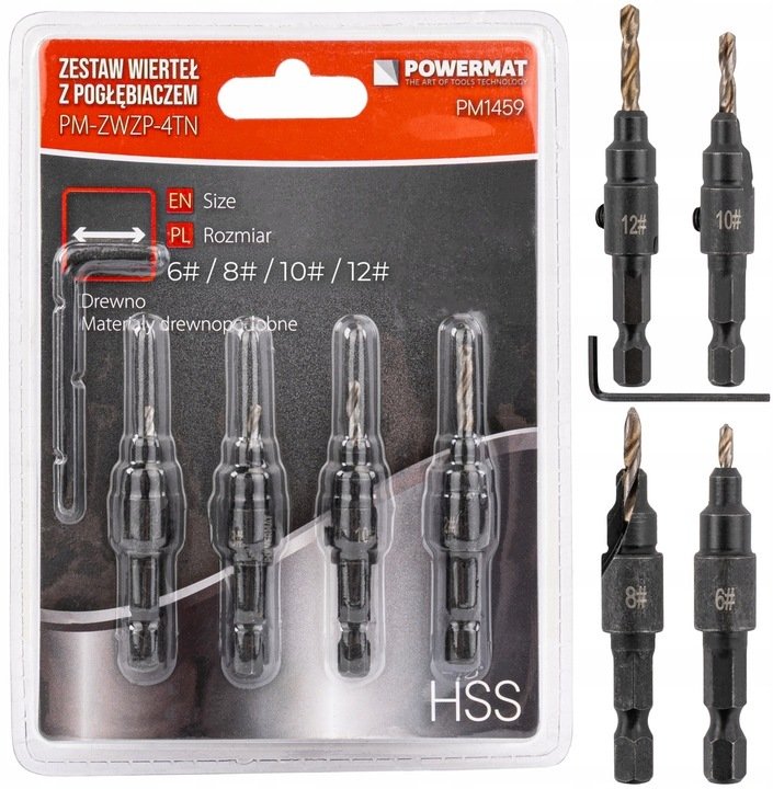 WIERTŁA Z POGŁĘBIACZEM GZYMKĄ 4 SZT HSS FAZOWNIK DO DREWNA SKLEJKI MDF PCV