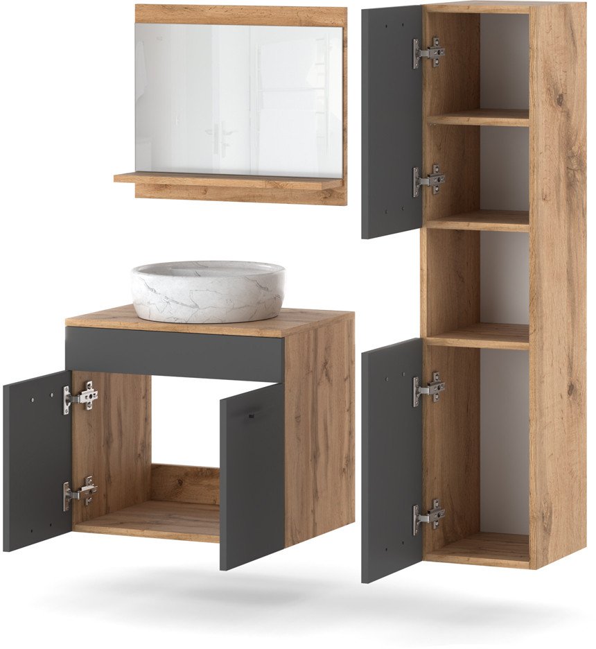 Zestaw Łazienkowy Wiszący 90cm Szafka Z Umywalką Lustro Słupek Dąb Wotan