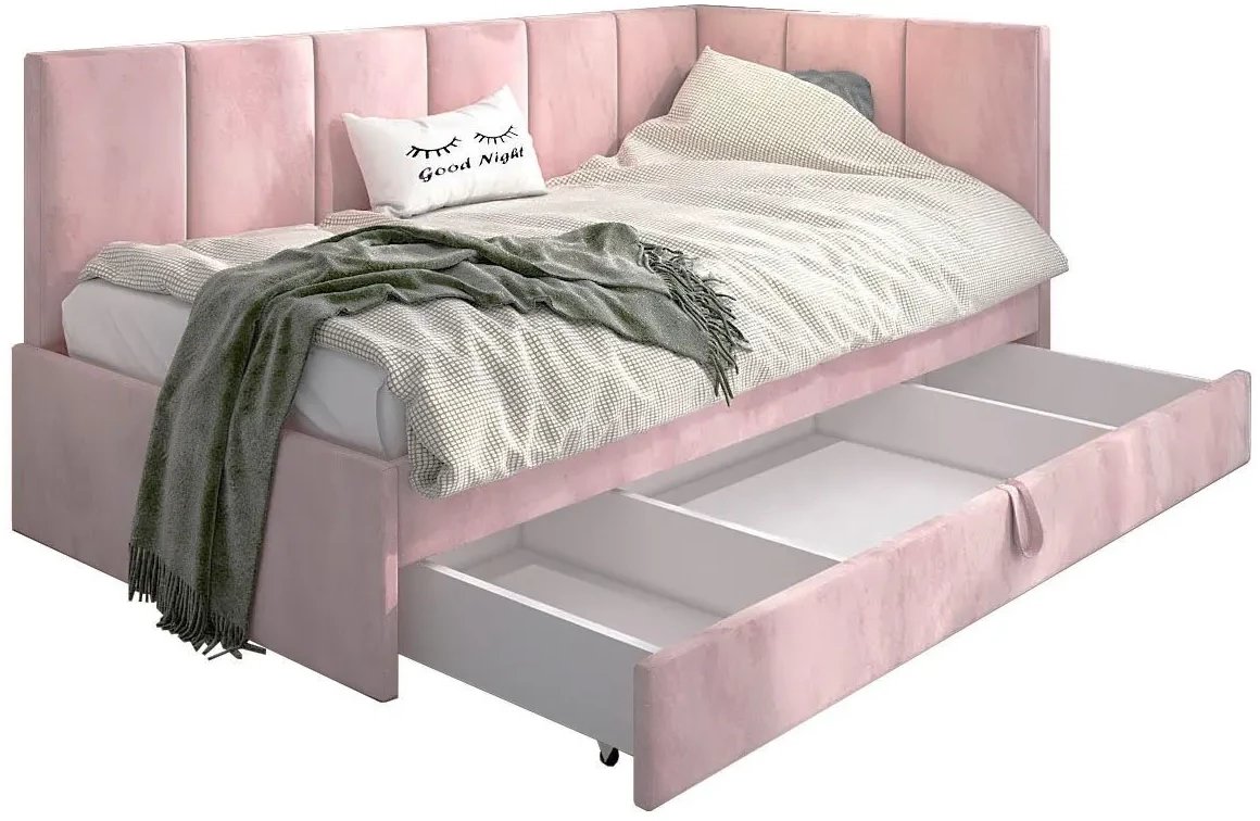 Łóżko młodzieżowe AURA 2 120x200 różowe z tapicerowanym panelem L i szufladą MKPOL