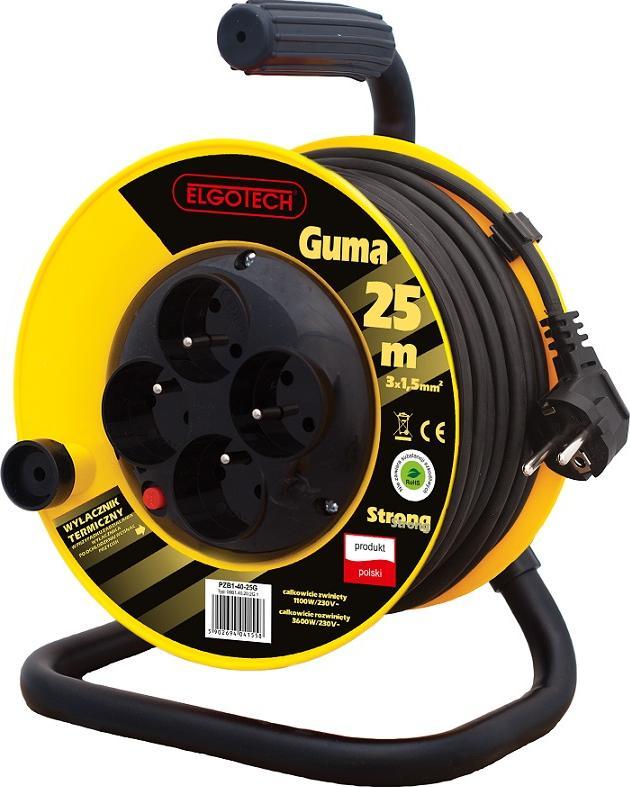 Elgotech Przedłużacz bębnowy 25m guma 4-gniazda z/u 4x2P+Z 3x1,5mm2 - PZB1-40-25G Elgotech