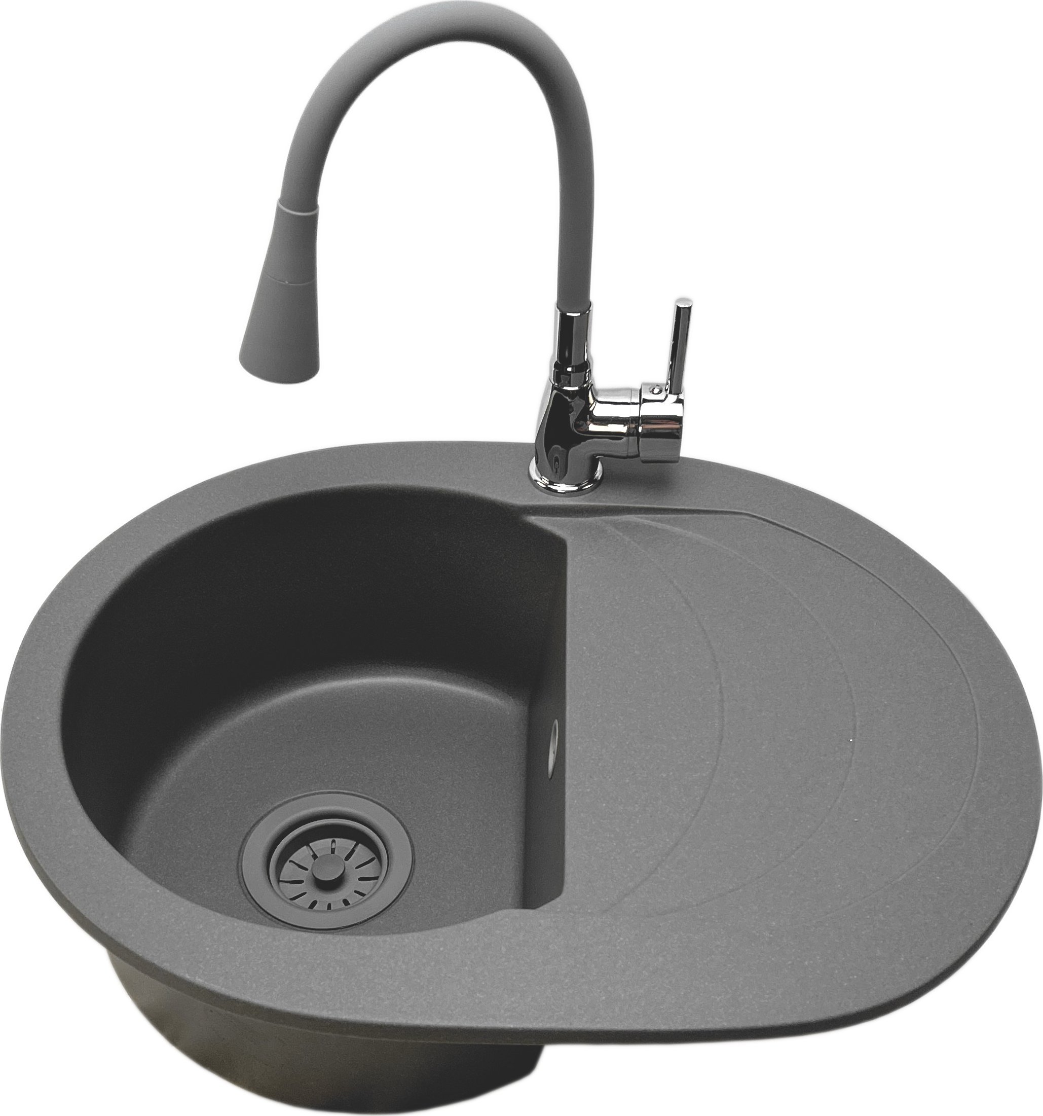 Zlewozmywak PREHNIT Zlewozmywak jednokomorowy z ociekaczem VIGOR szary z prawym ociekaczem + bateria LAGUNA