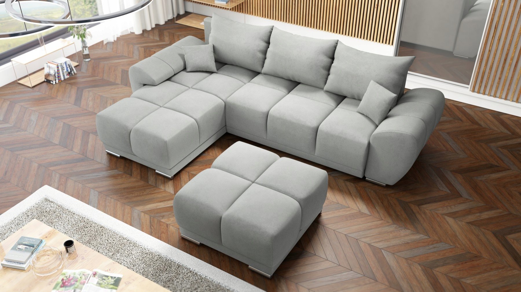 SZARY NOWOCZESNY NAROŻNIK ROZKŁADANY ROGÓWKA Z FUNKCJĄ SPANIA HONEY + PUFA