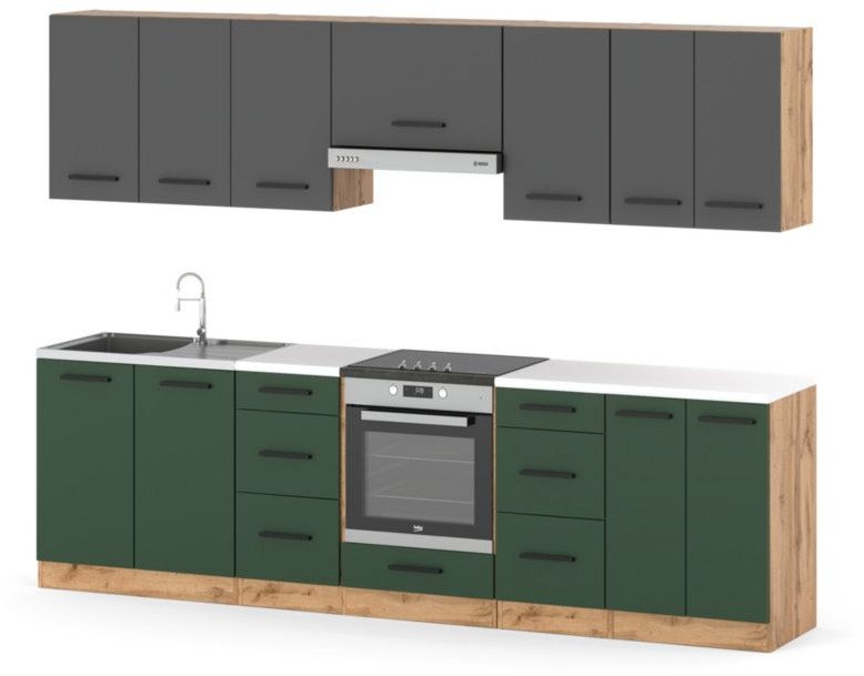 Kuchnia Roma Modułowa Nowoczesna Blat 2.8m Wotan Szary Mat Butelkowa Zieleń