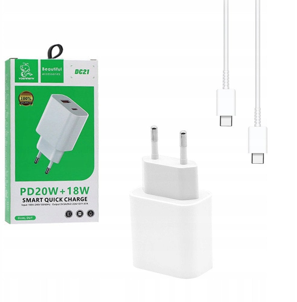 ŁADOWARKA SIECIOWA 3A 20W BIAŁA DENMEN 3600mA DC21 USB+TYP-C PD+C3.0 + KABEL USB TYP-C DO TYP-C PD USB-C 3,6A DENMEN BIAŁY 1M D20C 100W