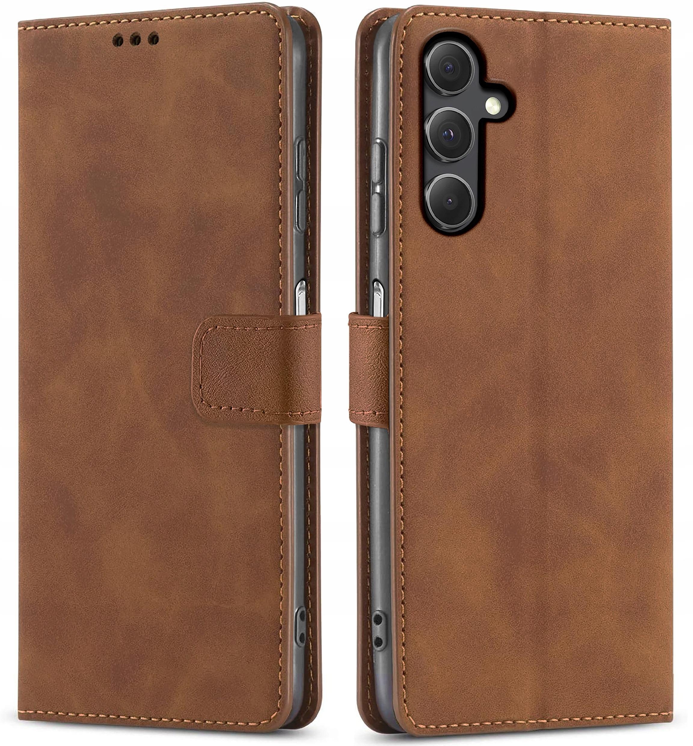ETUI Z KLAPKĄ do Samsung A15 5G | BRĄZOWE ZAMYKANE CASE + SZKŁO