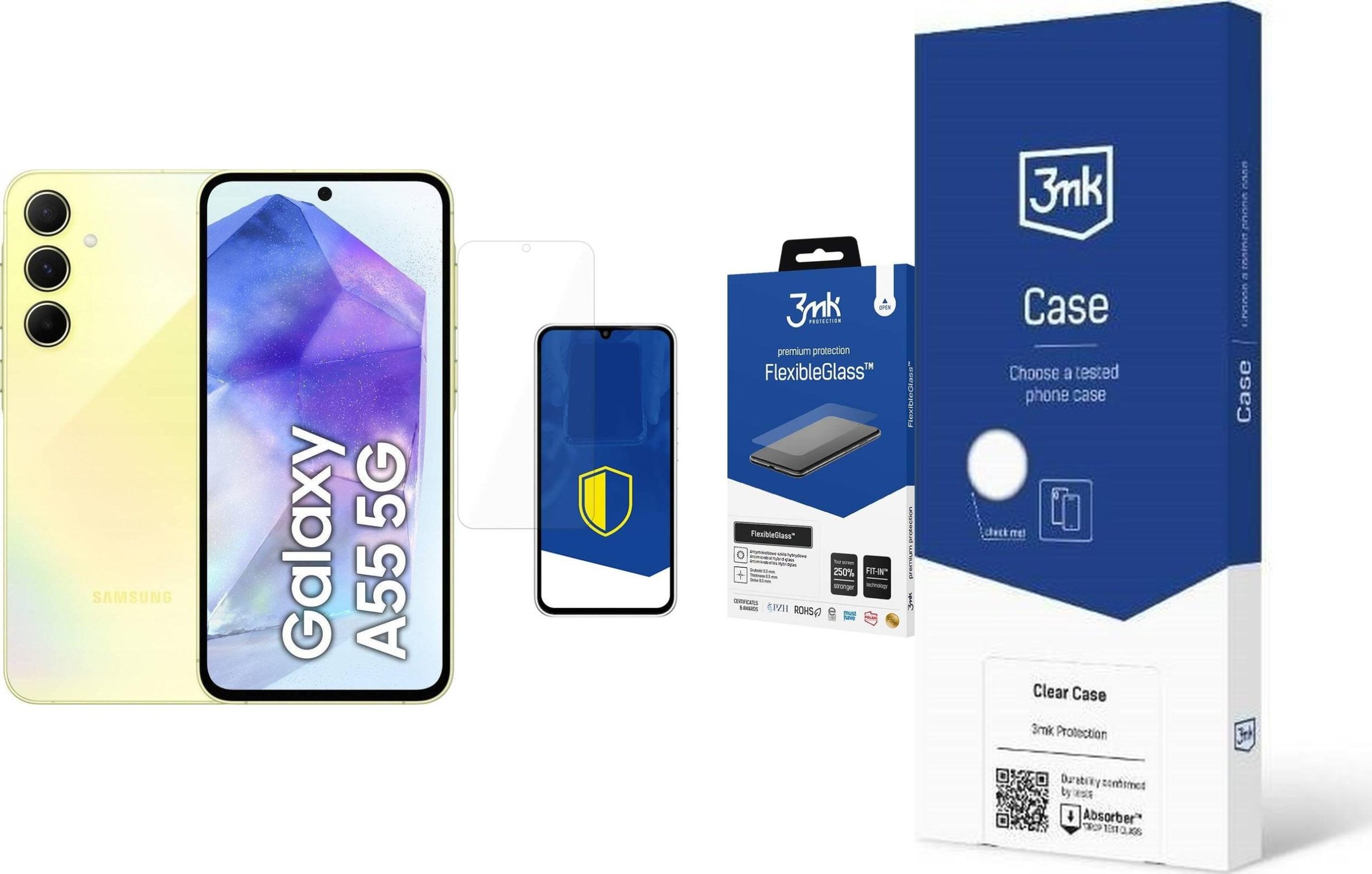 Smartfon Samsung Galaxy A55 5G 8/128GB Żółty - Awesome Lemon (SM-A556BZY) + FlexibleGlass + Etui Clear Case