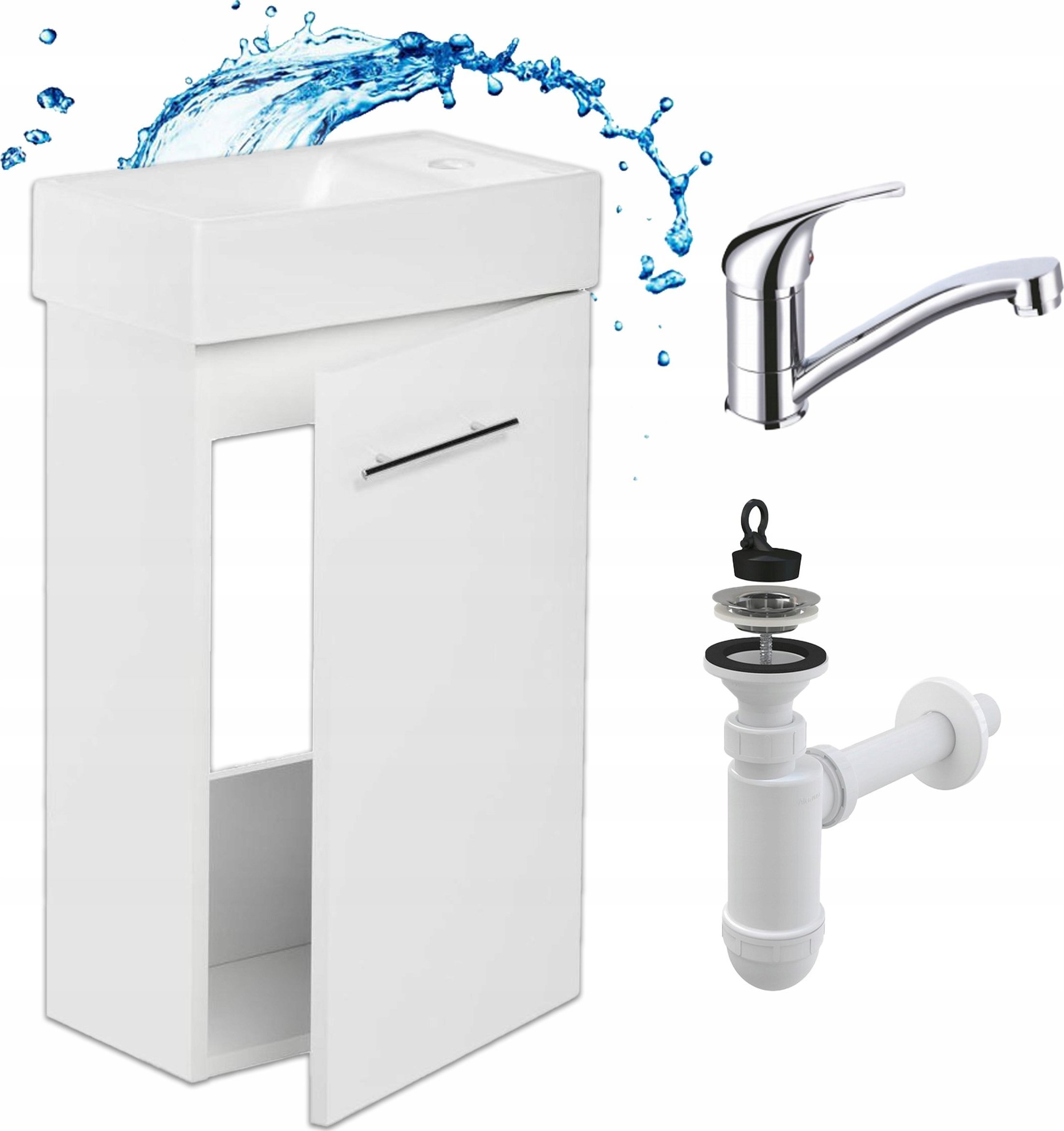 Stamar Biała Wisząca Szafka z Umywalką do Łazienki 50x23 + Bateria Obrotowa Syfon