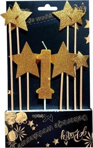 MK TRADE Dekoracja urodzinowa DF-072, Topper złote gwiazdki i świeczka "1", 8 szt.