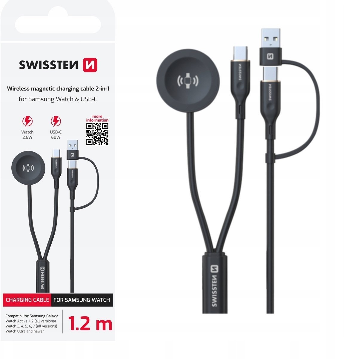 Swissten Wireless 2in1 Charging Cable for Samsung Galaxy Watch / 2x USB-C / USB 1.2m