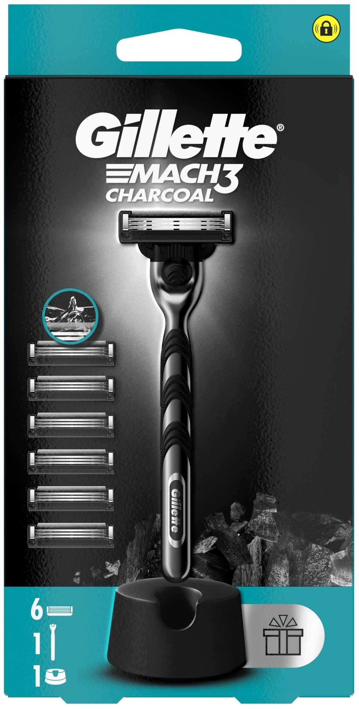 Skustuvo rinkinys Gillette Mach3 Charcoal vyrams: skustuvas + 6 skutimosi peiliukai + stovelis