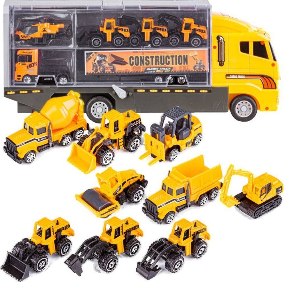 DK Ciężarówka, Transporter + Auta, Otwierana Laweta, Pojazdy Budowlane + Helikopter 12w1