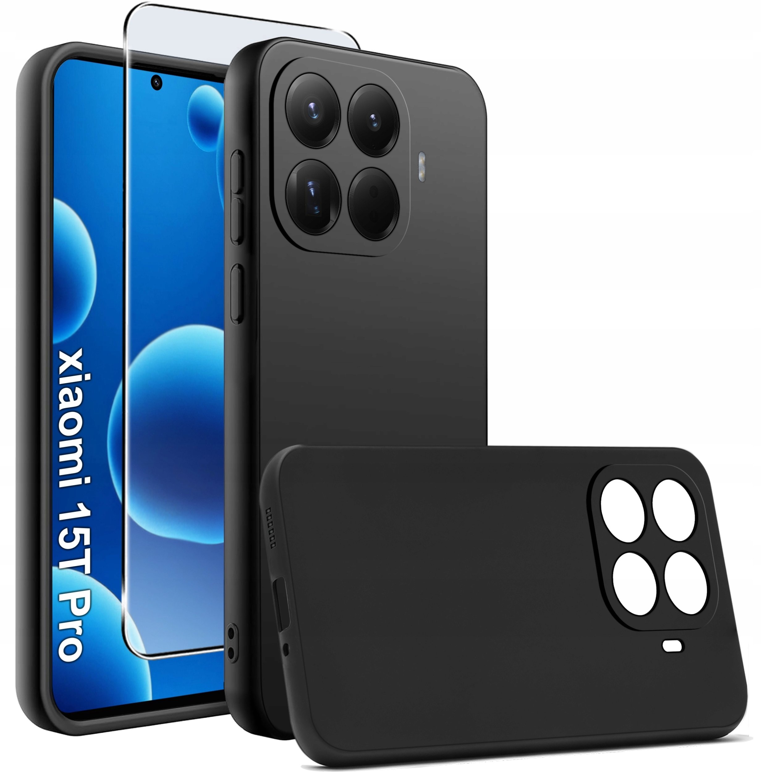 krainaGSM Etui Czarny matowy Silikon Slim do Xiaomi 15T Pro 5G + SZKŁO 9H