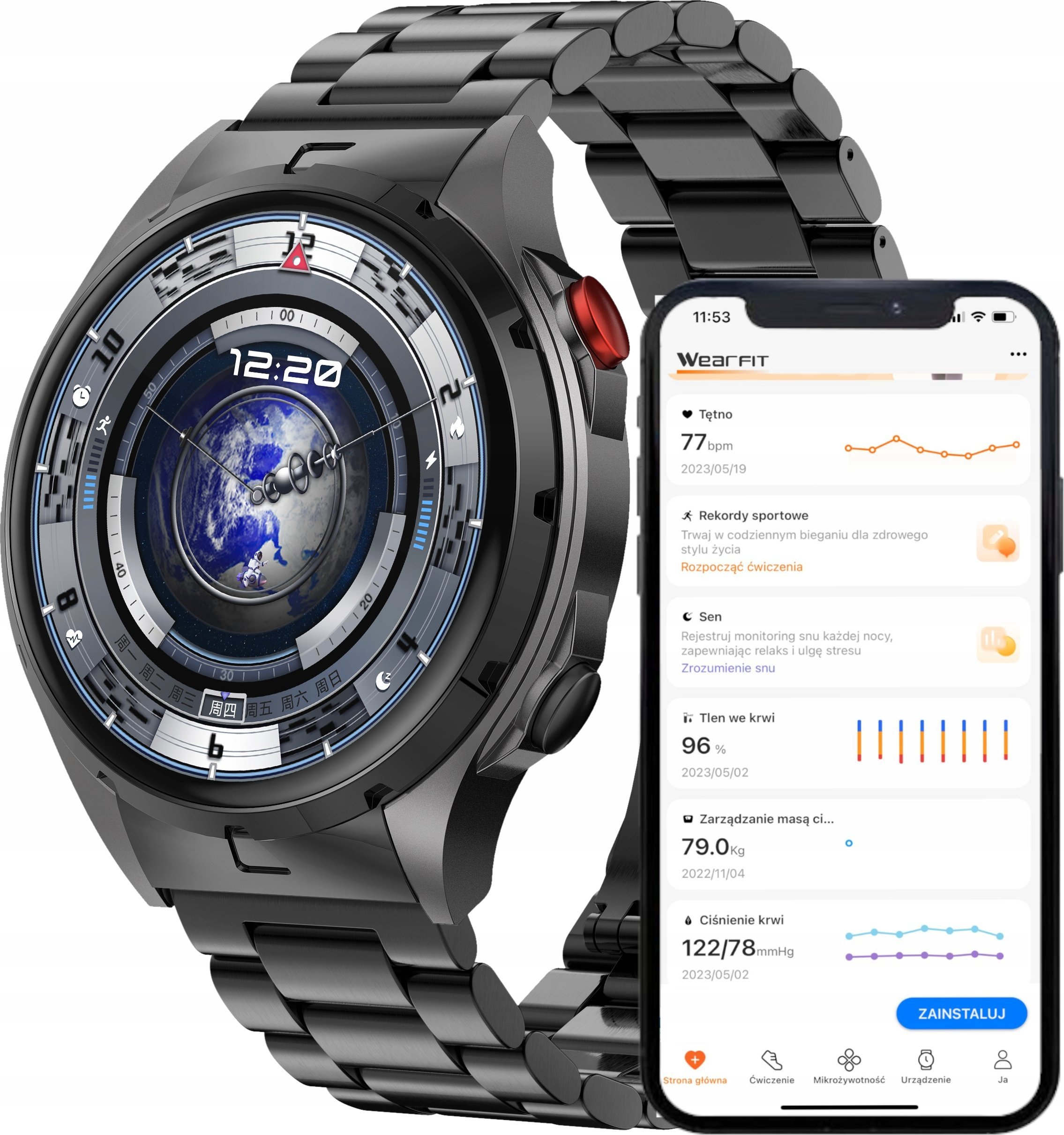 Smartwatch Wenom Smartwatch Męski Zegarek AMOLED Czarny Tętno Ciśnienie Smart Watch Sport