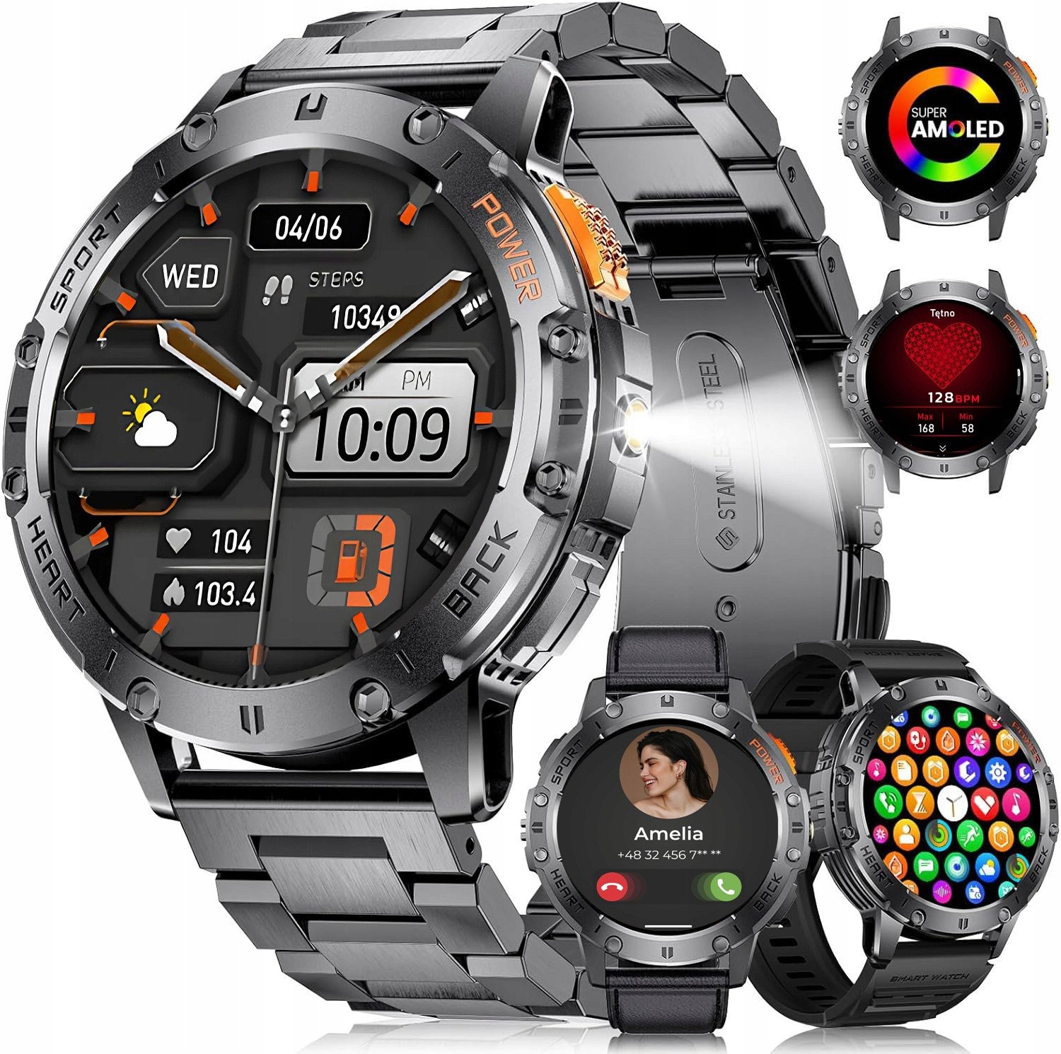 SMARTWATCH Zegarek Męski LATARKA Ciśnieniomierz ROZMOWY 530mAH AMOLED IP68