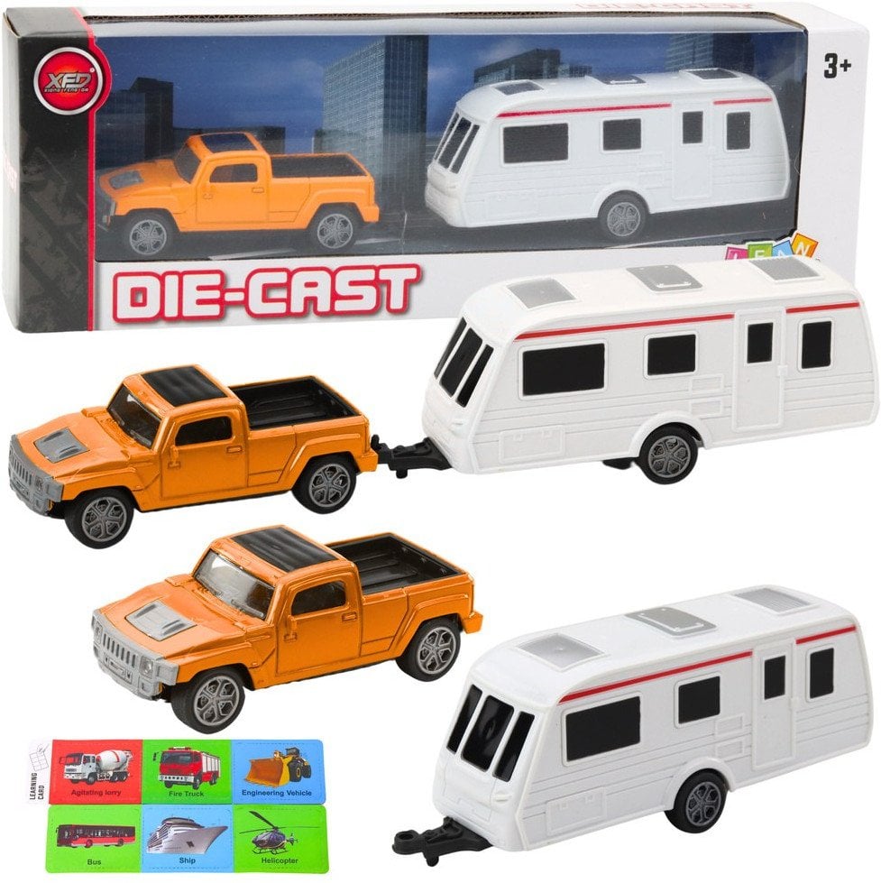 Zestaw Samochód Metalowy Z Kamperem Przyczepa Pomarańczowy
