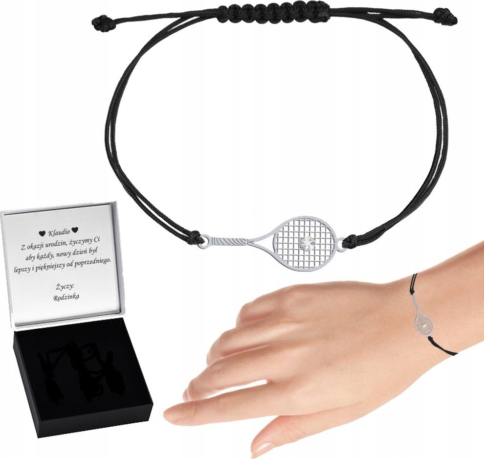 Radziszewska Jewellery Bransoletka Srebrna Rakieta Tenisowa 925 Sznurek Kryształ Prezent ŻYCZENIA