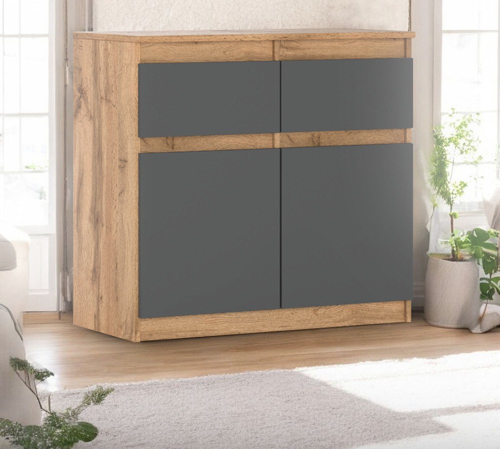 Komoda Szafka 2 Szuflady Dąb Wotan Szary Mat 80cm Oleksa Nowoczesna Rtv