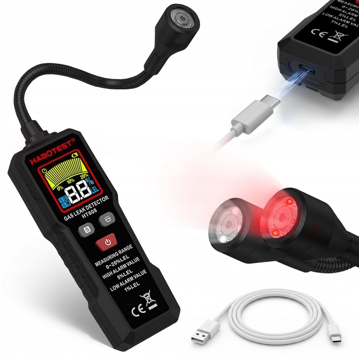 DETEKTOR WYCIEKÓW GAZÓW MIERNIK STĘŻENIA EKRAN LCD 10000PPM 20,00% LEL USBC