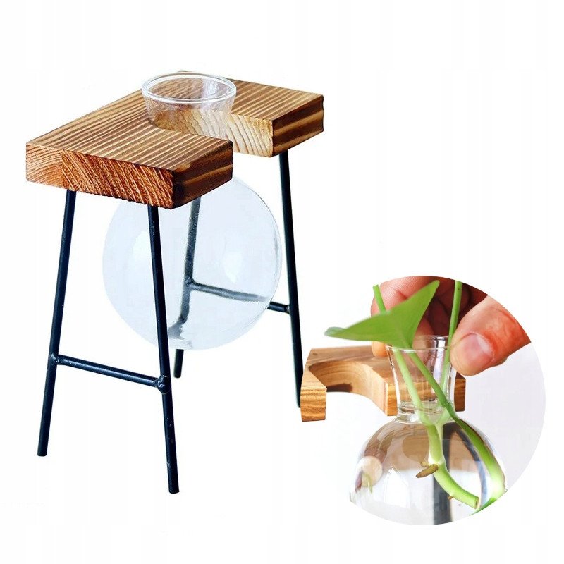 DONICA Ozdobna SZKLANA DREWNO Hydroponika UKORZENIACZ 1szt STOJAK BAMBUS