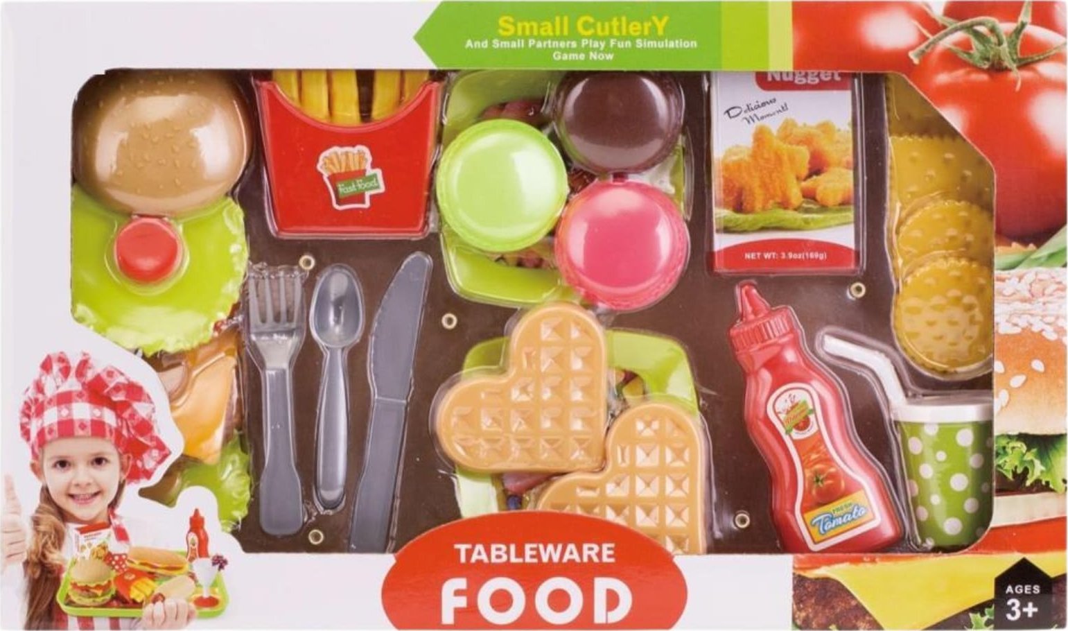 Duży Zestaw Imitacje Jedzenia Frytki Burger Gofry Napój Sztućce 32 Elementy