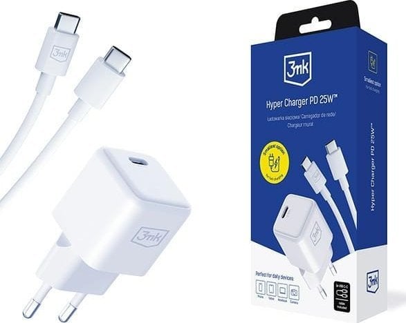 Ładowarka 3MK PD GaN 25W - Hyper Charger Biała + Kabel USB-C