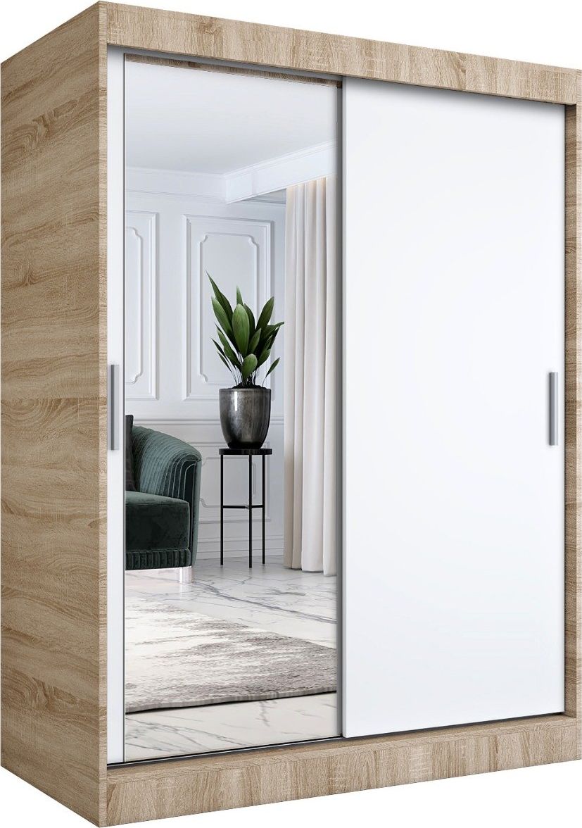 MKPOL Szafa przesuwna MODUO COMFORT 150 dąb sonoma/biała mat z lustrem po lewej