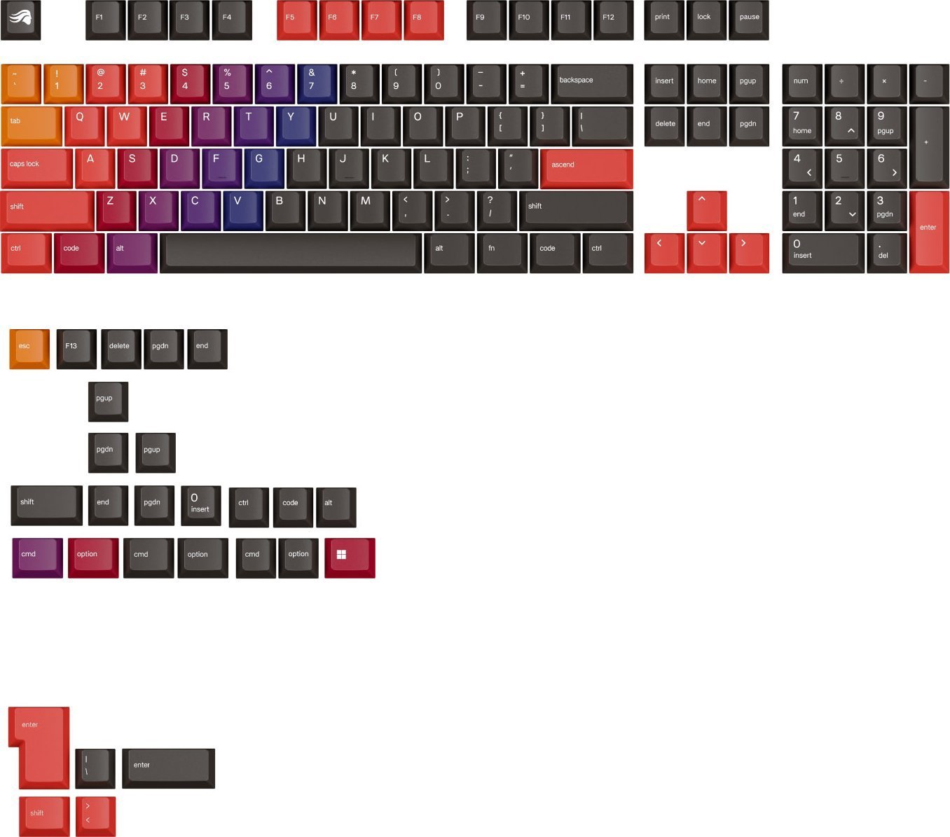 Glorious Glorious GPBT Gradient Keycaps, ANSI Layout (US), PBT, Dye-Sub - Celestial Fire